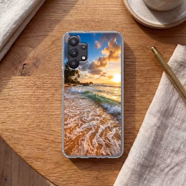 Strand - Zonsondergang - Golven - Natuur - Goud Telefoonhoesje Samsung Galaxy A32 5G klein -sfeer1
