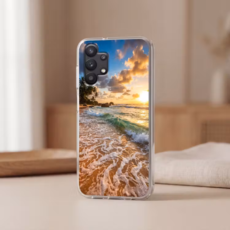 Strand - Zonsondergang - Golven - Natuur - Goud Telefoonhoesje Samsung Galaxy A32 5G klein -sfeer2