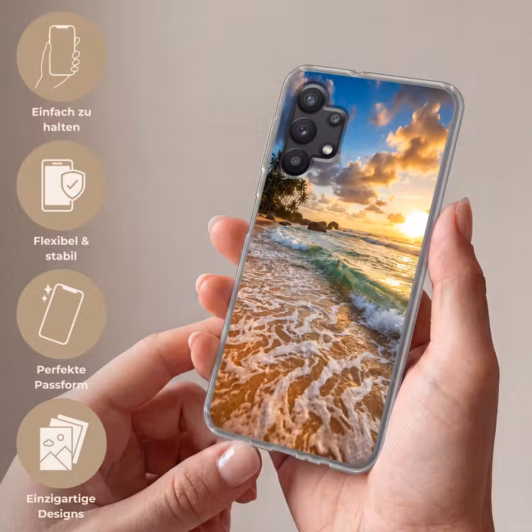 Strand - Zonsondergang - Golven - Natuur - Goud Telefoonhoesje Samsung Galaxy A32 5G klein -sfeer3_DE