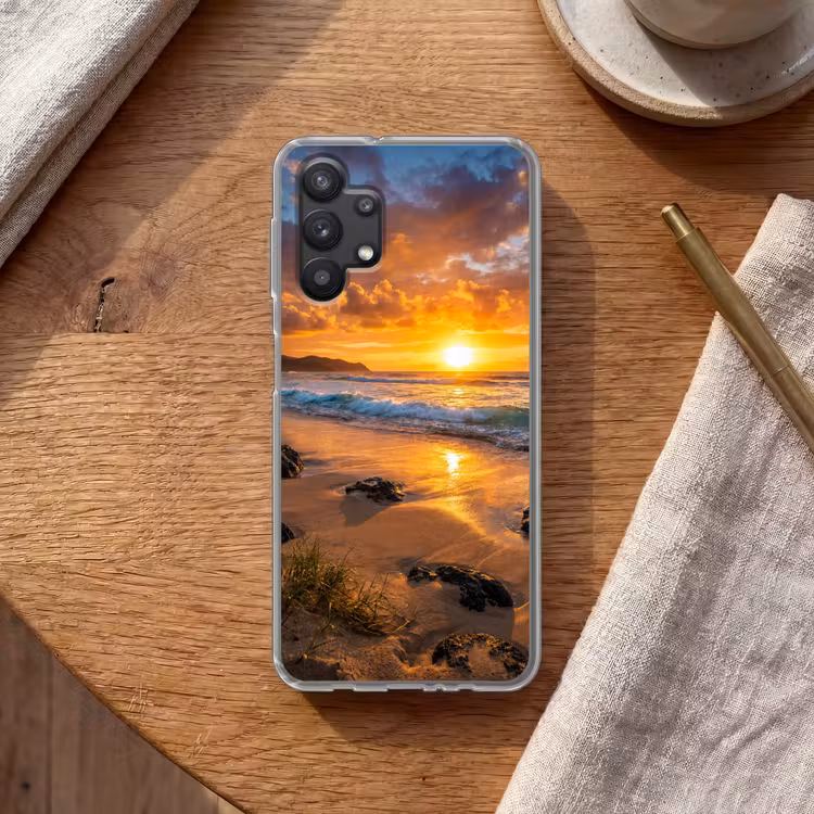 Strand - Zonsondergang - Golven - Natuur - Oranje Telefoonhoesje Samsung Galaxy A32 5G klein -sfeer1