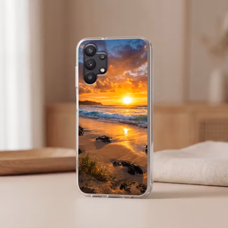 Strand - Zonsondergang - Golven - Natuur - Oranje Telefoonhoesje Samsung Galaxy A32 5G klein -sfeer2