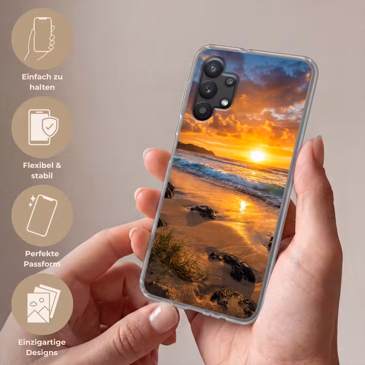 Strand - Zonsondergang - Golven - Natuur - Oranje Telefoonhoesje Samsung Galaxy A32 5G klein -sfeer3_DE