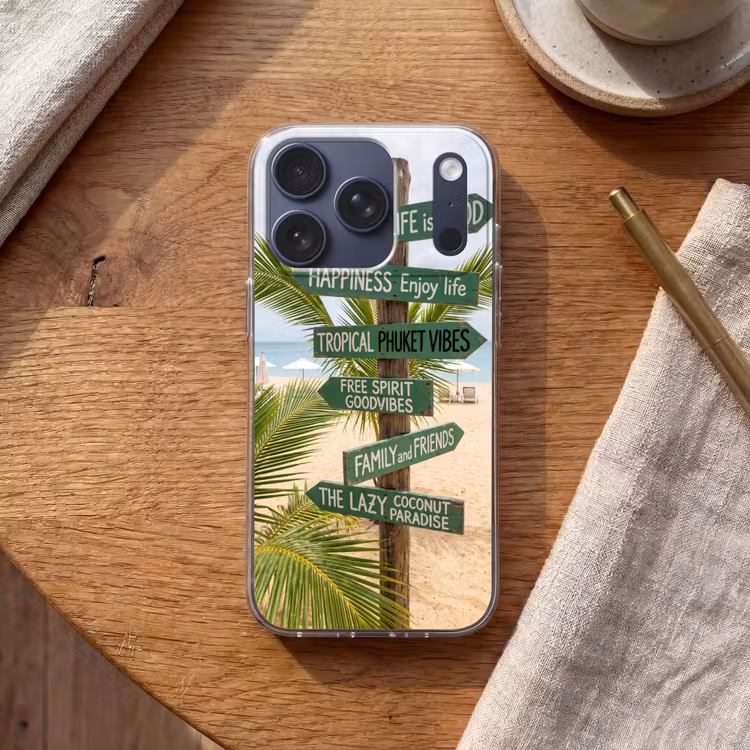 Strand - Wegwijzer - Palmen - Tropisch - Groen Telefoonhoesje iPhone 17 Pro klein -sfeer1