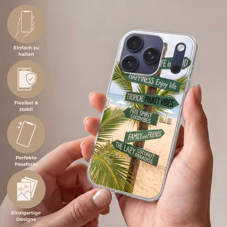 Strand - Wegwijzer - Palmen - Tropisch - Groen Telefoonhoesje iPhone 17 Pro klein -sfeer3_DE