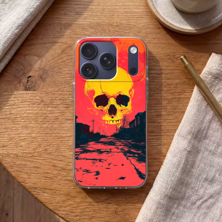 Straat - Verlaten - Schedel - Geel Telefoonhoesje iPhone 17 Pro klein -sfeer1