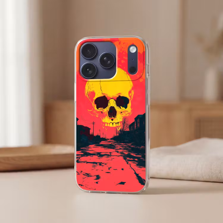 Straat - Verlaten - Schedel - Geel Telefoonhoesje iPhone 17 Pro klein -sfeer2
