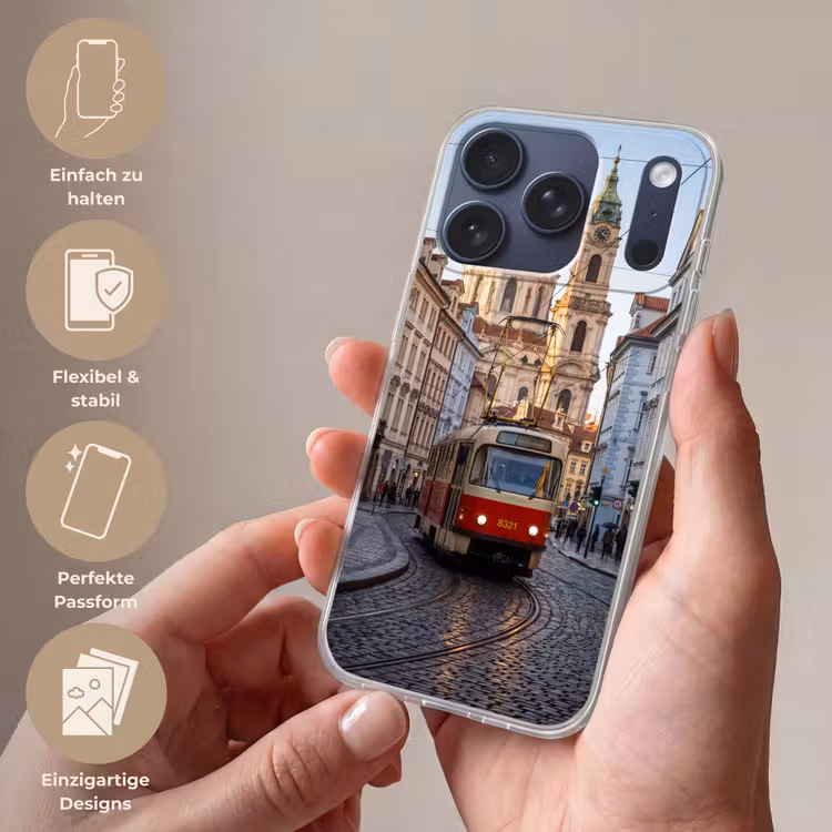 Tram - Straat - Stadsgezicht - Klassiek - Rood Telefoonhoesje iPhone 17 Pro klein -sfeer3_DE