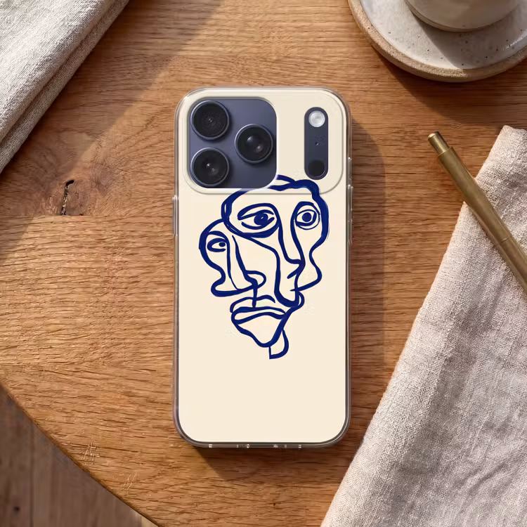 Lijntekening - Overlappende gezichten - Donkerblauw Telefoonhoesje iPhone 17 Pro klein -sfeer1