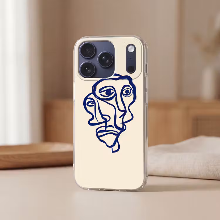 Lijntekening - Overlappende gezichten - Donkerblauw Telefoonhoesje iPhone 17 Pro klein -sfeer2