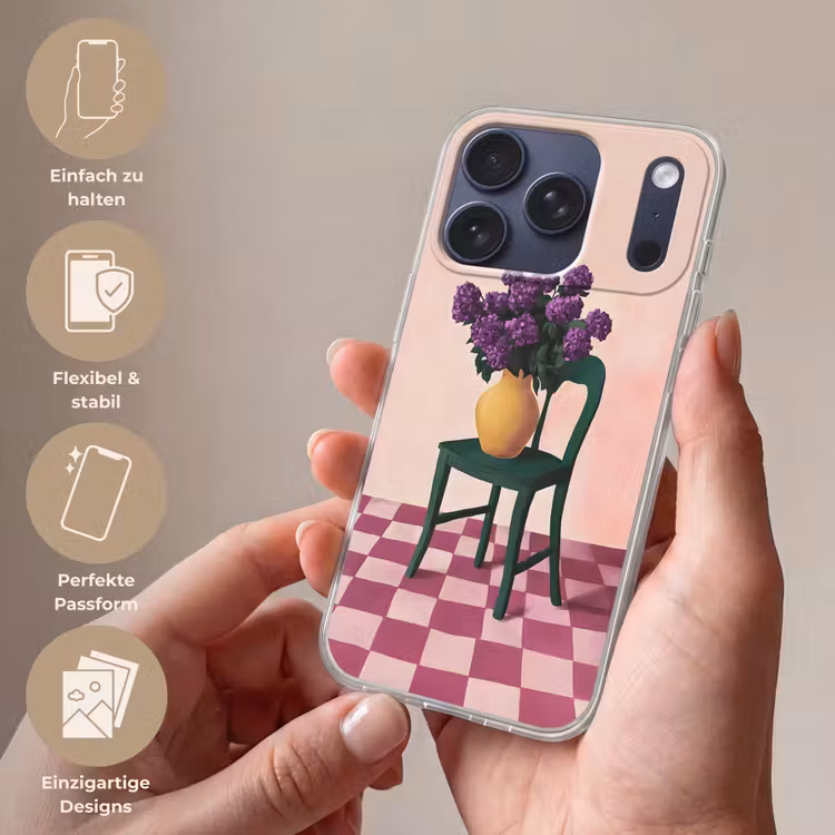 Stoel - Vaas - Bloemen - Geblokt Telefoonhoesje iPhone 17 Pro klein -sfeer3_DE