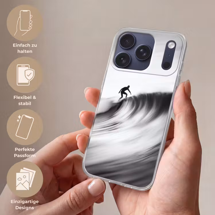 Surfer - Golf - Vervaagd - Zwart Telefoonhoesje iPhone 17 Pro klein -sfeer3_DE