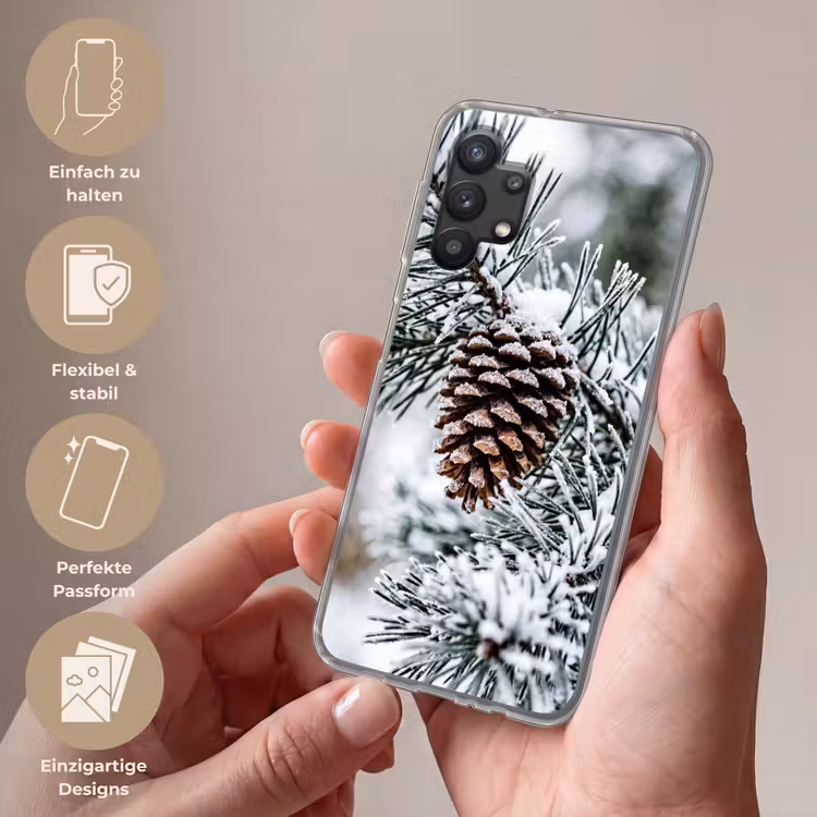 Dennenappel - Tak - Sneeuw - Winter - Sfeervol Telefoonhoesje Samsung Galaxy A32 5G klein -sfeer3_DE