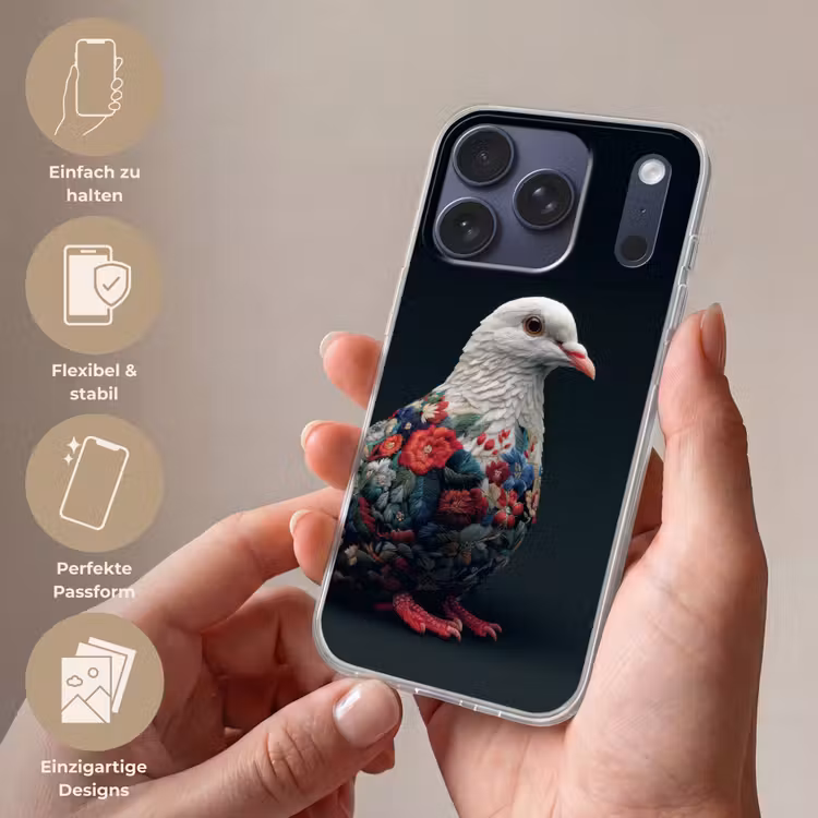 Duif - Bloemen - Wit - Zwart Telefoonhoesje iPhone 17 Pro klein -sfeer3_DE