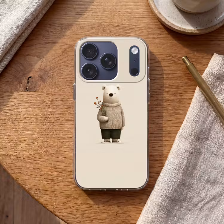 Knuffelbeer - Oranje bloemen - Vriendelijk Telefoonhoesje iPhone 17 Pro klein -sfeer1