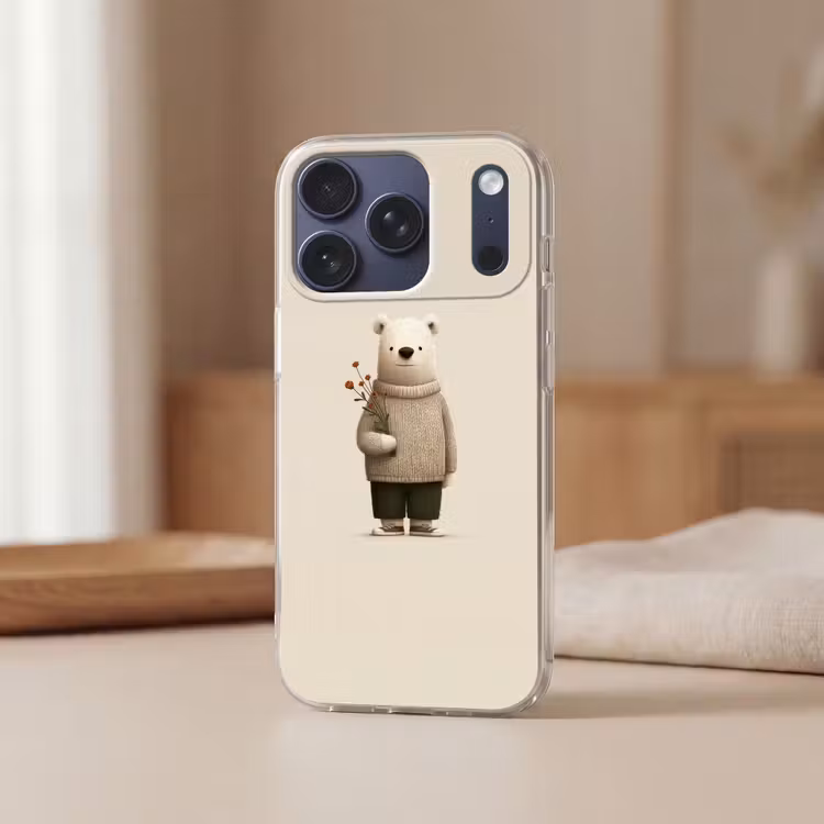 Knuffelbeer - Oranje bloemen - Vriendelijk Telefoonhoesje iPhone 17 Pro klein -sfeer2
