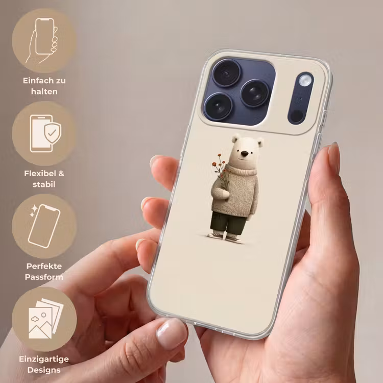 Knuffelbeer - Oranje bloemen - Vriendelijk Telefoonhoesje iPhone 17 Pro klein -sfeer3_DE