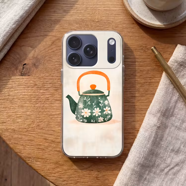 Theepot - Groen - Bloemen - Oranje Telefoonhoesje iPhone 17 Pro klein -sfeer1
