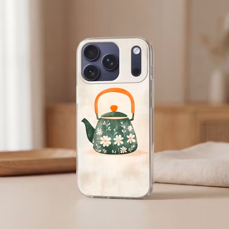Theepot - Groen - Bloemen - Oranje Telefoonhoesje iPhone 17 Pro klein -sfeer2