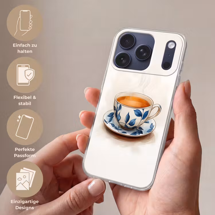 Theekop - Bladeren - Blauw Telefoonhoesje iPhone 17 Pro klein -sfeer3_DE