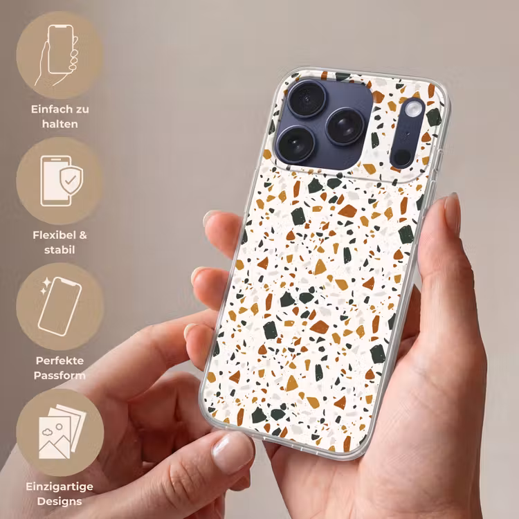 Terrazzo - Patroon - Wit - Terra Telefoonhoesje iPhone 17 Pro klein 878 -sfeer3_DE
