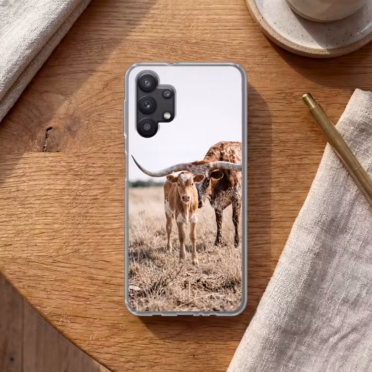 Texas Longhorn - Kalf - Weide - Dieren Telefoonhoesje Samsung Galaxy A32 5G klein -sfeer1