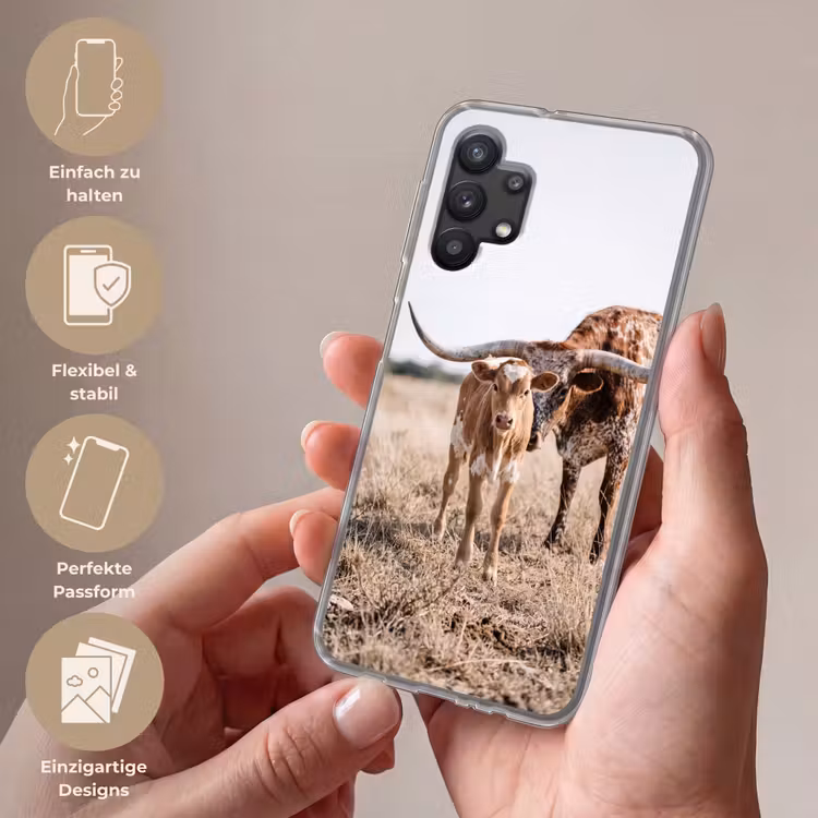 Texas Longhorn - Kalf - Weide - Dieren Telefoonhoesje Samsung Galaxy A32 5G klein -sfeer3_DE