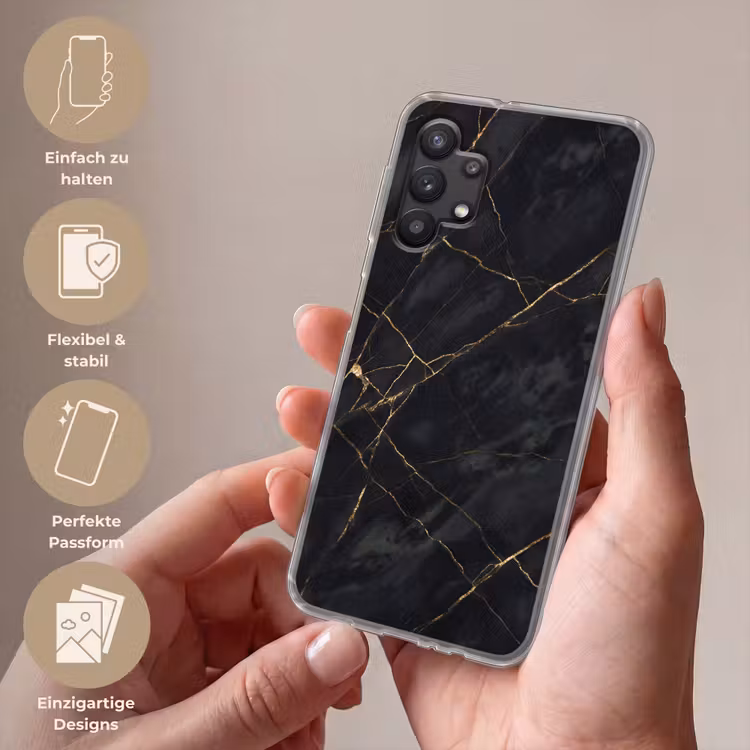 Textuur - Gouden lijnen - Abstract - Modern - Zwart Telefoonhoesje Samsung Galaxy A32 5G klein -sfeer3_DE
