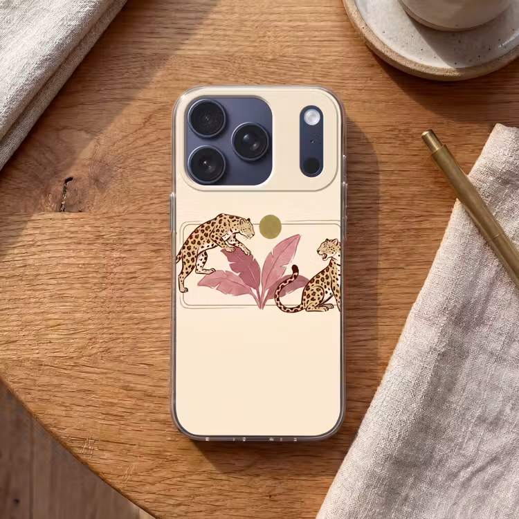 Dieren - Kat - Jungle - Illustratie - Beige Telefoonhoesje iPhone 17 Pro klein -sfeer1