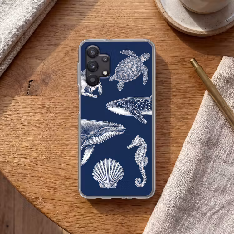 Dieren - Zeeleven - Oceaan - Graveren - Blauw Telefoonhoesje Samsung Galaxy A32 5G klein -sfeer1