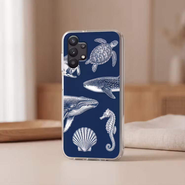 Dieren - Zeeleven - Oceaan - Graveren - Blauw Telefoonhoesje Samsung Galaxy A32 5G klein -sfeer2
