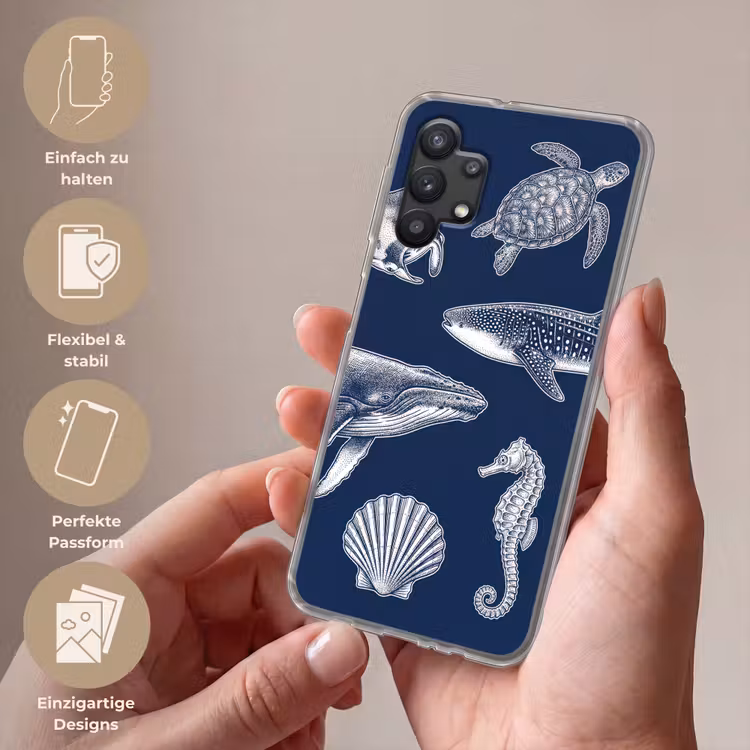 Dieren - Zeeleven - Oceaan - Graveren - Blauw Telefoonhoesje Samsung Galaxy A32 5G klein -sfeer3_DE