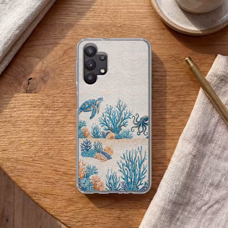 Dieren - Onderwater - Natuur - Mozaïek - Blauw Telefoonhoesje Samsung Galaxy A32 5G klein -sfeer1