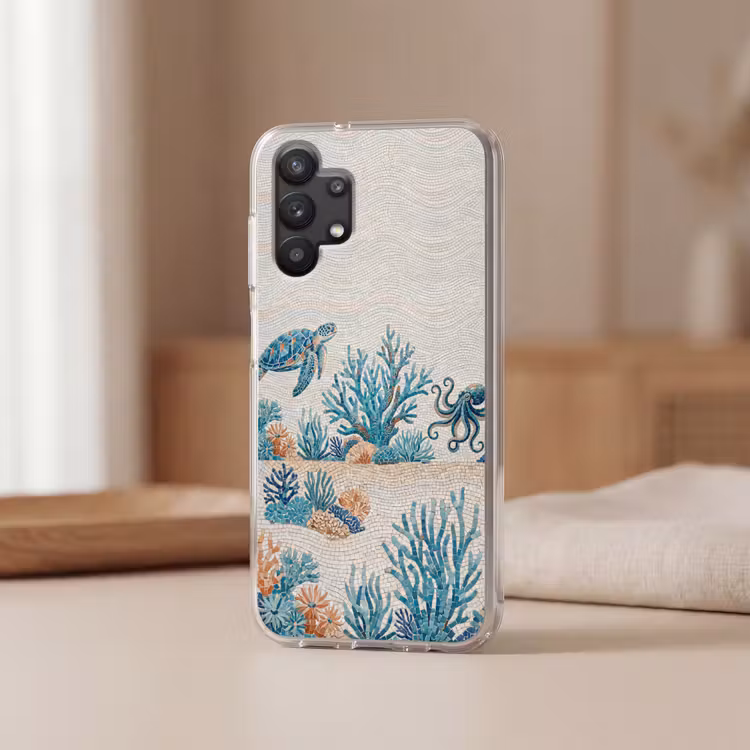 Dieren - Onderwater - Natuur - Mozaïek - Blauw Telefoonhoesje Samsung Galaxy A32 5G klein -sfeer2
