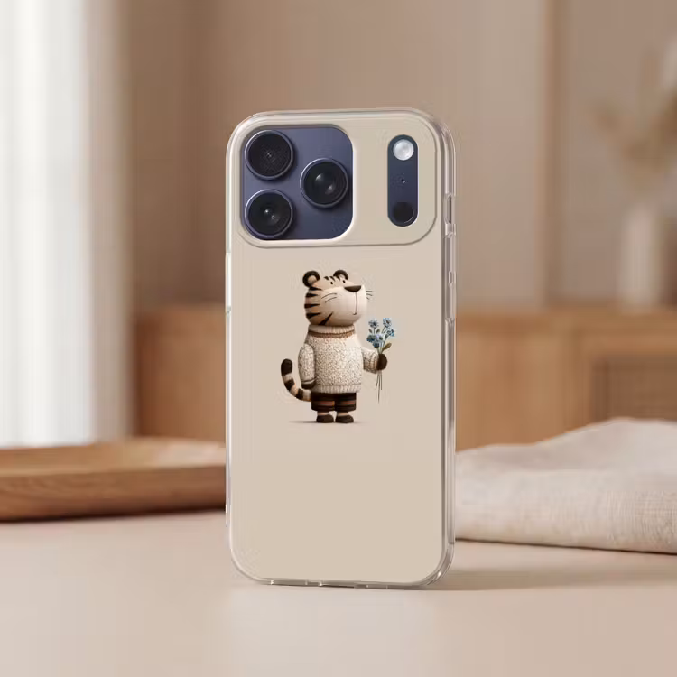 Tijger - Blauwe bloemen - Rustig Telefoonhoesje iPhone 17 Pro klein -sfeer2
