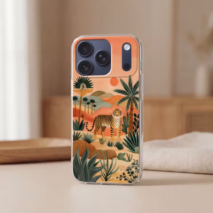 Tijger - Kleurrijk - Palmen - Cactus Telefoonhoesje iPhone 17 Pro klein -sfeer2