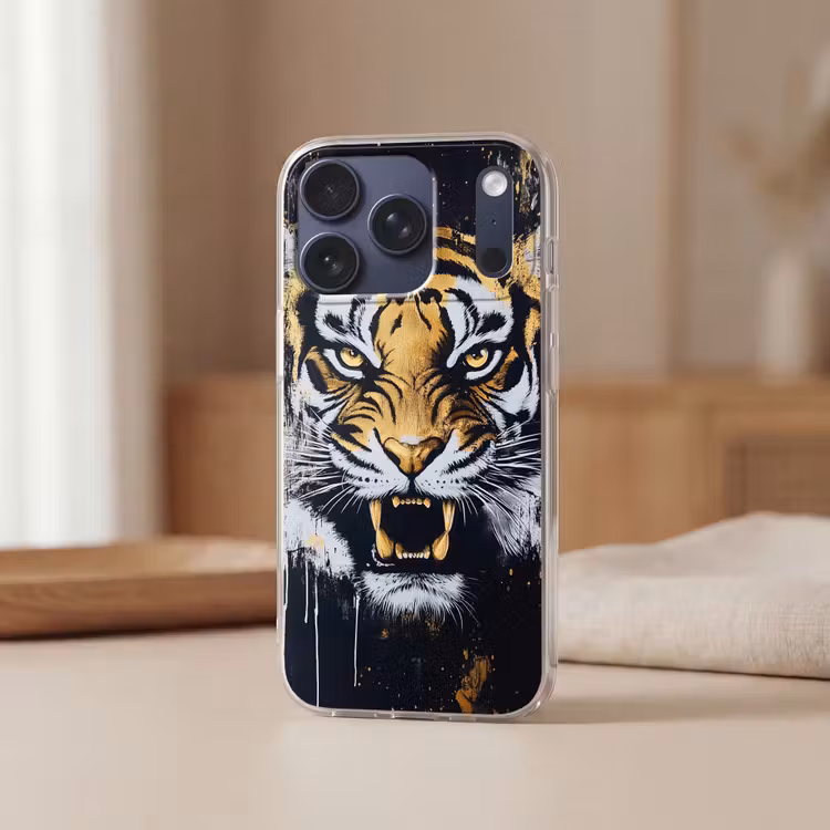 Tijger - Verfspatten - Goud Telefoonhoesje iPhone 17 Pro klein -sfeer2