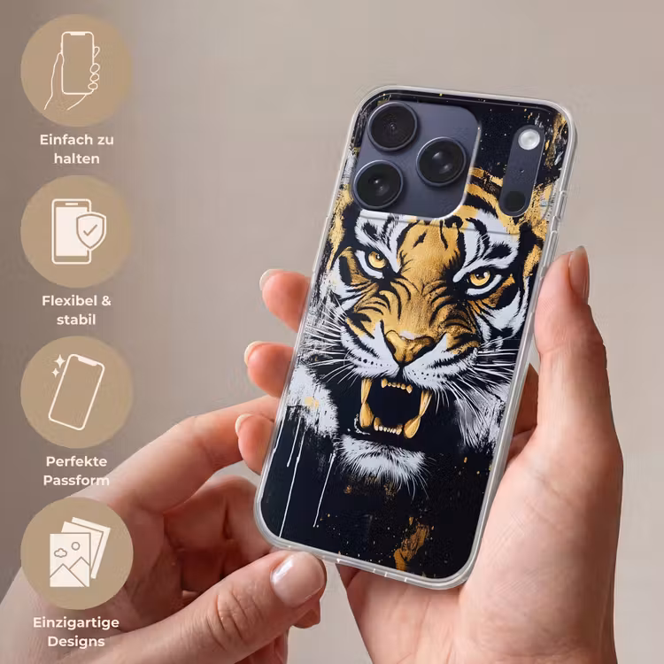 Tijger - Verfspatten - Goud Telefoonhoesje iPhone 17 Pro klein -sfeer3_DE