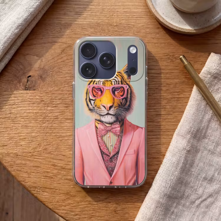 Tijger - Strik - Jasje - Roze Telefoonhoesje iPhone 17 Pro klein -sfeer1