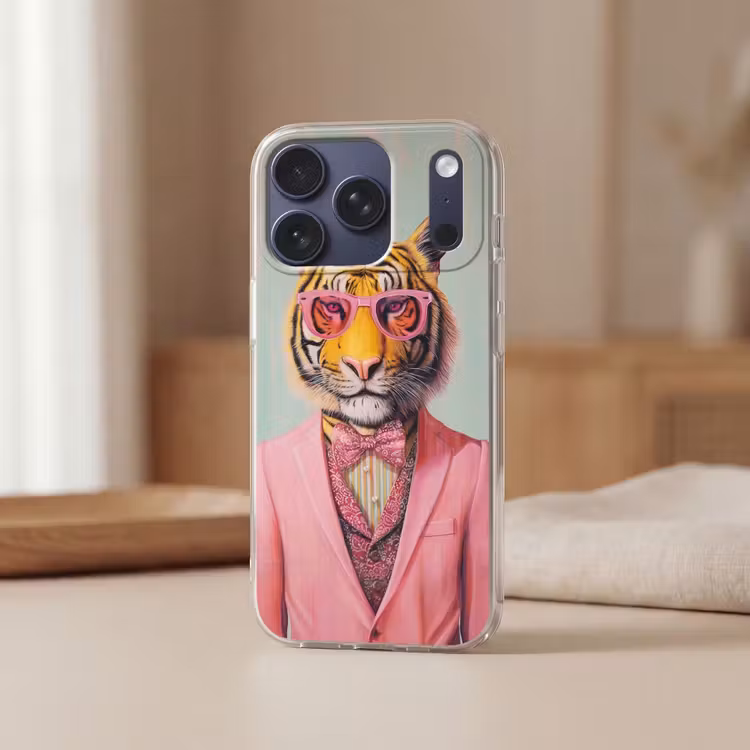 Tijger - Strik - Jasje - Roze Telefoonhoesje iPhone 17 Pro klein -sfeer2