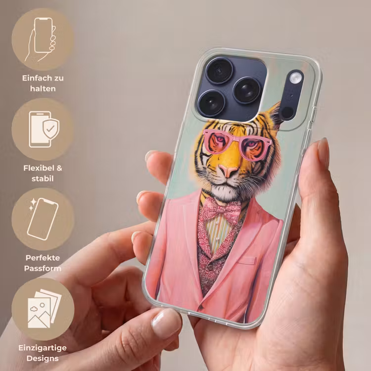 Tijger - Strik - Jasje - Roze Telefoonhoesje iPhone 17 Pro klein -sfeer3_DE