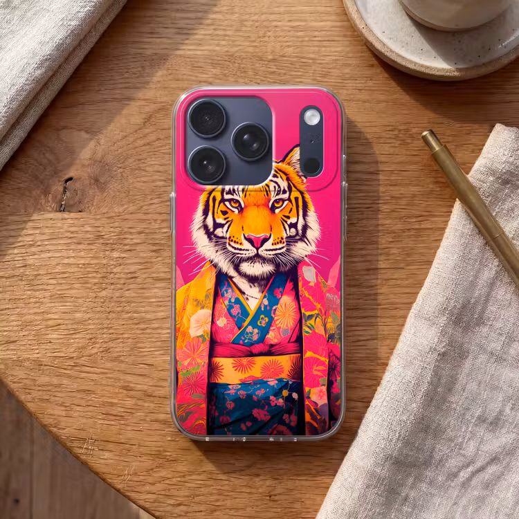 Tijger - Kimono - Planten - Roze Telefoonhoesje iPhone 17 Pro klein -sfeer1