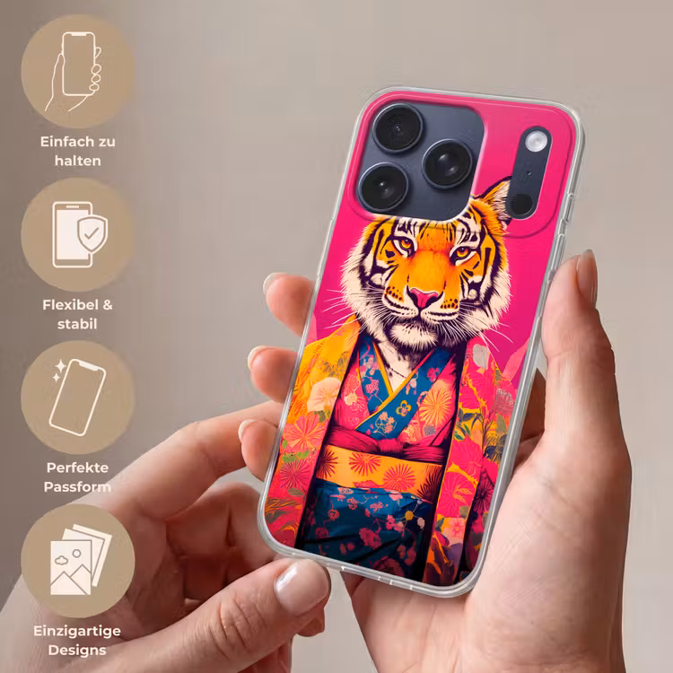 Tijger - Kimono - Planten - Roze Telefoonhoesje iPhone 17 Pro klein -sfeer3_DE