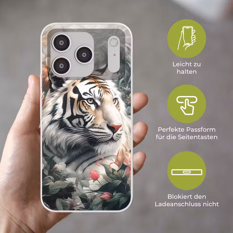 Tijger - Wilde dieren - Bloemen - Jungle Telefoonhoesje iPhone 17 Pro klein -sfeer3_DE