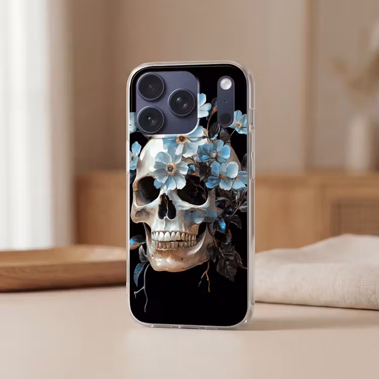 Schedel - Blauw - Bloemen - Bladeren Telefoonhoesje iPhone 17 Pro klein -sfeer2