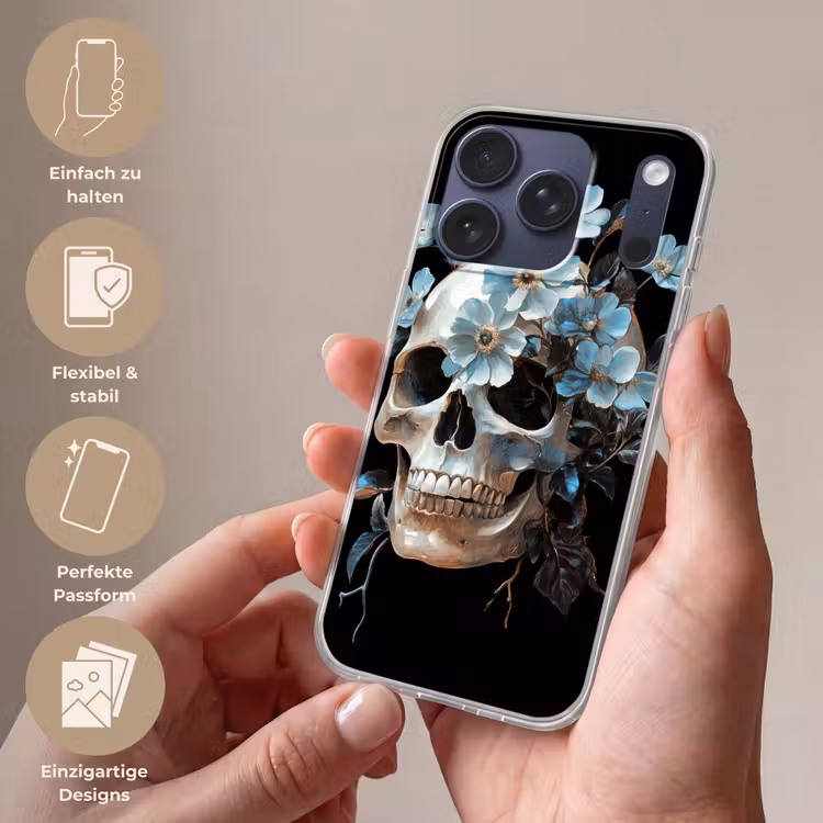 Schedel - Blauw - Bloemen - Bladeren Telefoonhoesje iPhone 17 Pro klein -sfeer3_DE