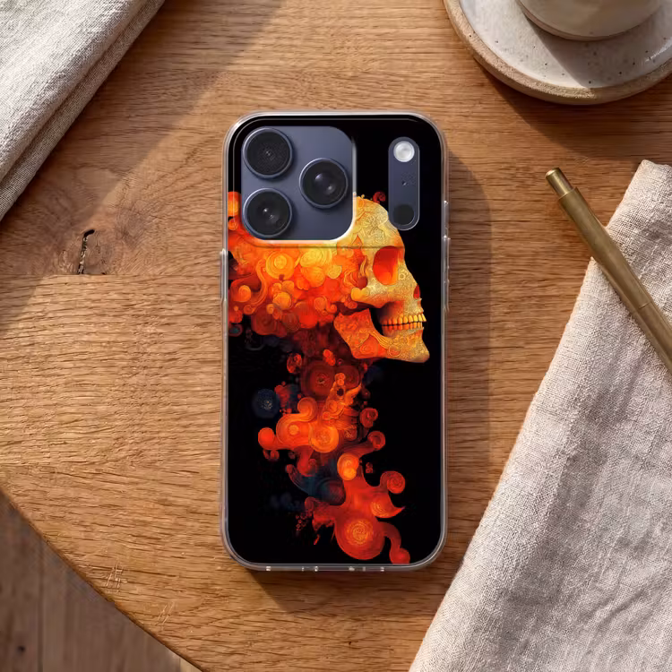 Schedel - Oranje - Zijaanzicht - Vlammen Telefoonhoesje iPhone 17 Pro klein -sfeer1