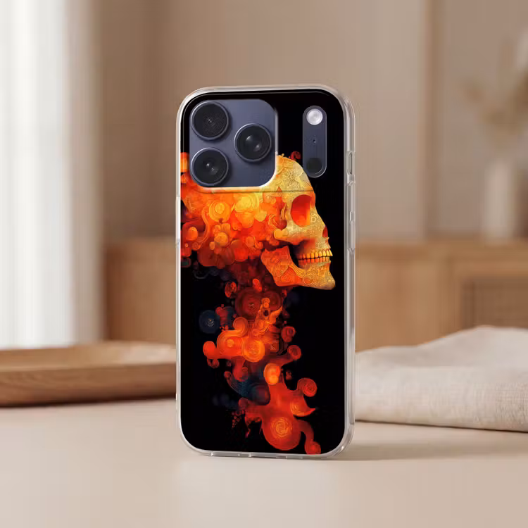 Schedel - Oranje - Zijaanzicht - Vlammen Telefoonhoesje iPhone 17 Pro klein -sfeer2