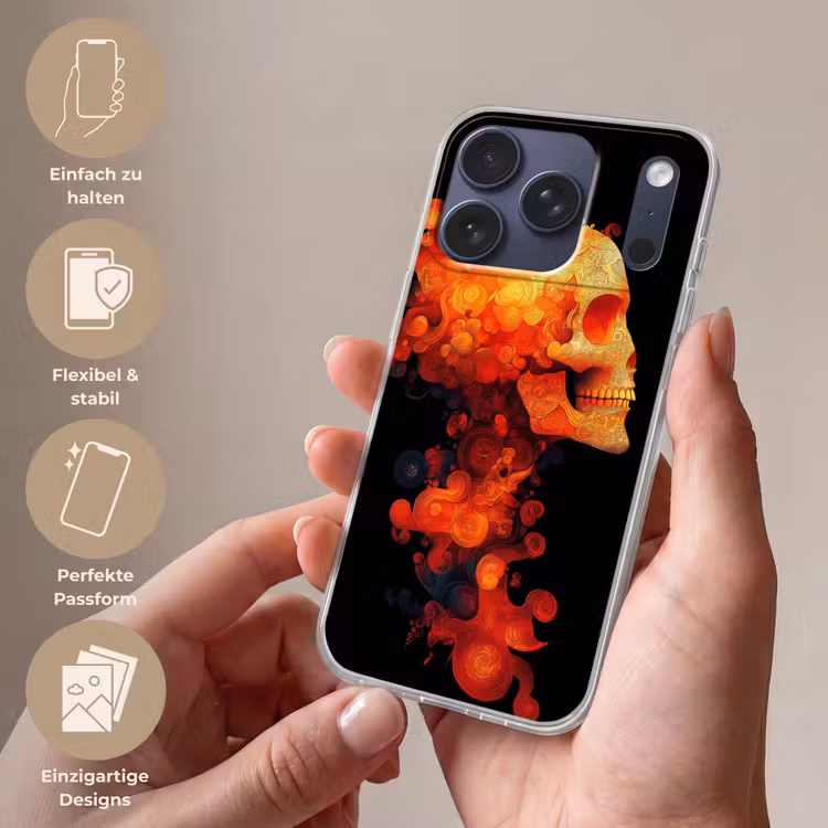 Schedel - Oranje - Zijaanzicht - Vlammen Telefoonhoesje iPhone 17 Pro klein -sfeer3_DE