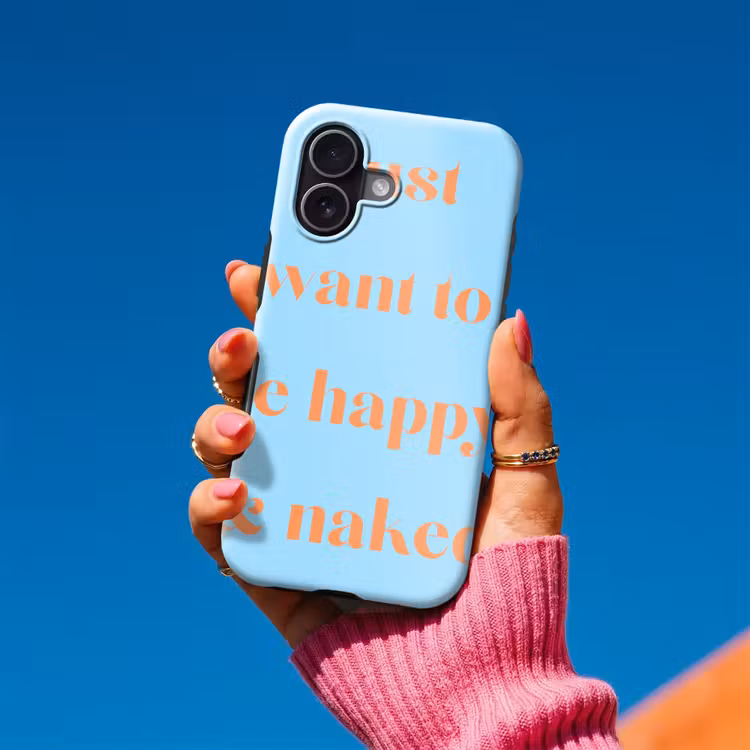 Blauw - Oranje - Just want to be happy & naked Toughcase MagSafe Apple iPhone 17 klein -Sfeer1V