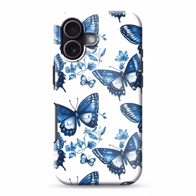 Blauw - Vlinders - Bloemen - Wit Toughcase MagSafe Apple iPhone 17 klein 1017 -3d